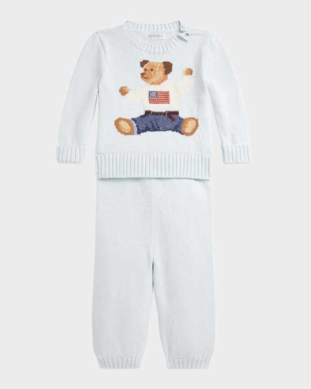 Boy's Flag Bear Intarsia Knit Sweater and Pants Set, Size 3M-24